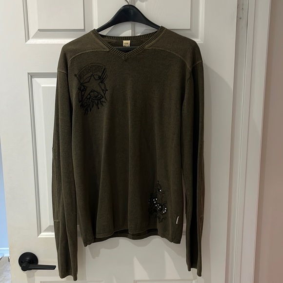 Vintage Buffalo David Bitton Sweater Army Green Large Elbow Patches EUC - Picture 1 of 12